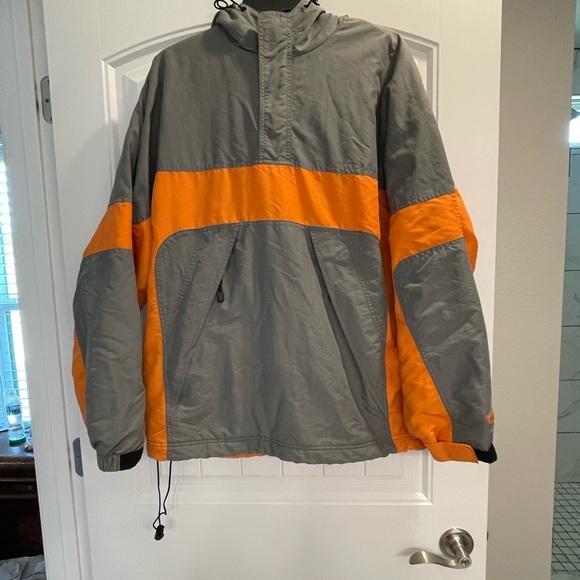 Old Navy Vtg Jacket hooded Windbreaker men gray orange Fleece Lined Pullover - Picture 1 of 9